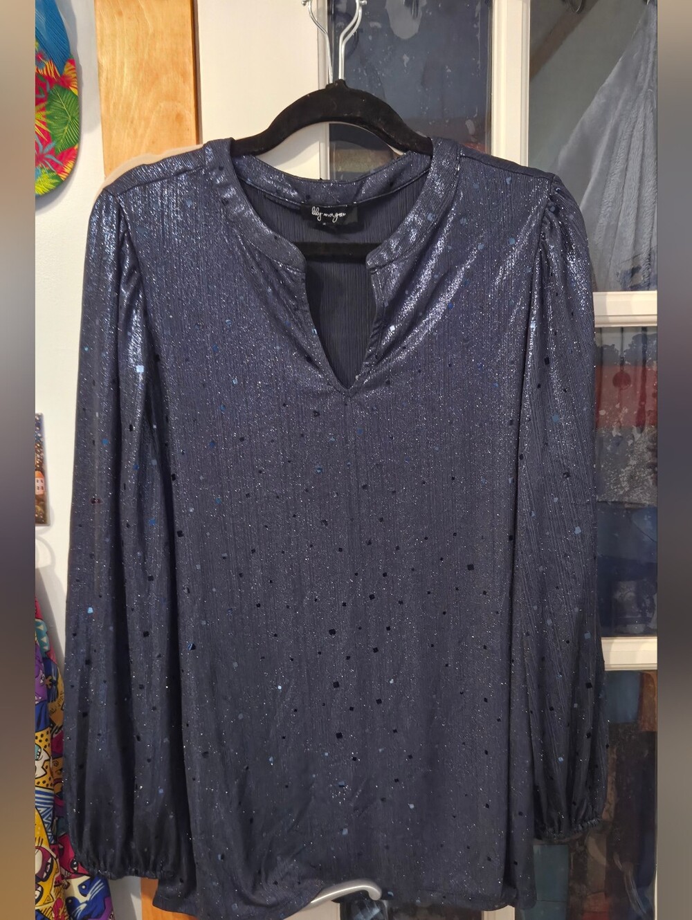 City Chic Navy Shimmer Long Sleeve V-Notch Blouse
